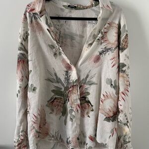 Express Floral Button-Down Shirt in Ivory, Pink & Green